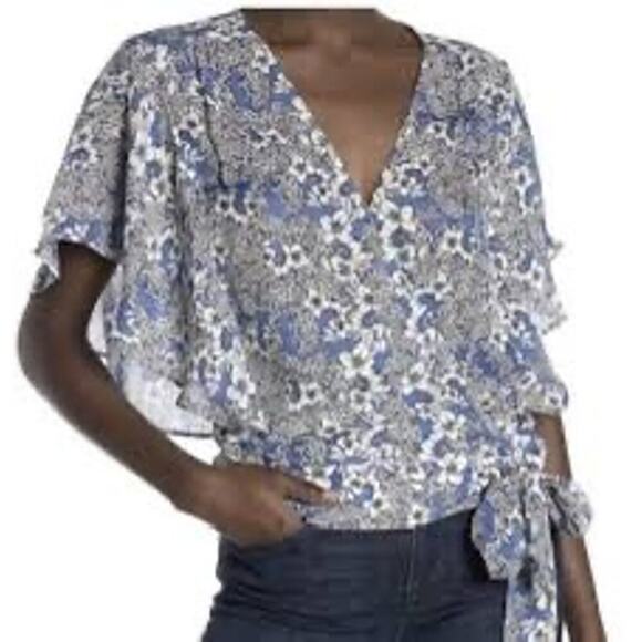 Parker Kory Blue Floral Waterfall Flutter Sleeve Wrap Blouse 100% Silk Size Med - Picture 2 of 9